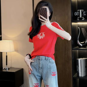 เสื้อยืดแขนสั้นผู้หญิงปักลายฤดูร้อนใหม่ลำลองหลวมๆ เสื้อแขนสั้นเต้นรำกีฬาเส้นใยโพลีเอสเตอร์คอตตอนผสมเส้นใยยืดหยุ่น