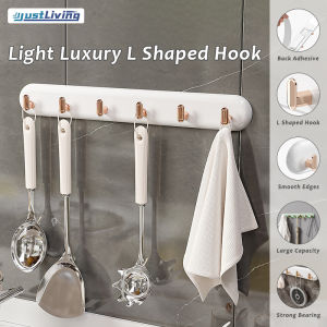 JustLiving 6 Hooks Nail Free Wall Mount Cloth Hook Hanger Alat Gantung Baju Pakaian Dinding Gum Tanpa Drill L-Shaped Wall Hooks - No-Drill Waterproof for Kitchen and Bathroom