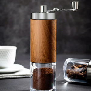 Vintage Portable Manual Coffee Grinder with Wood Grain Stainless Steel Crank Retro Handheld Coffee Bean Grinder for Home Travel