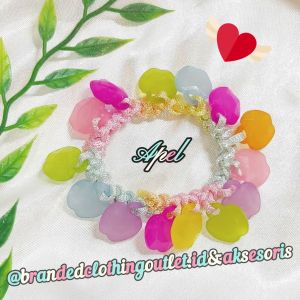 2IN1 IKAT RAMBUT RUMBAI GELANG TANGAN / KUNCIR RAMBUT APEL BULAT / KARET RAMBUT WARNA PELANGI / RAINBOW HAIR TIE / KRP5711