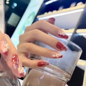 24 Pcs Kuku Palsu Merah Tua Maroon Pendek dan Panjang Free Lem Cair Tahan Air Fake Nails Art 3d - Lazada