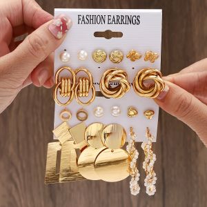 Vintage Twisted Imitation Pearl Hoop Earrings Fashion Geometric Metal Knot Heart Disc Pendant Earrings Set Womens Punk Jewelry