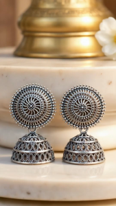 [SG] Chakra Jhumka Earrings | Oxidised Silver-Tone Round Jhumka | Indian Traditional Earrings | Festive Jewellery | ear me out (EMO-324)