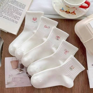 5Pairs Women Cute Korean Style Socks Lolita JK Japanese Casual Socks Cotton Mid Socks