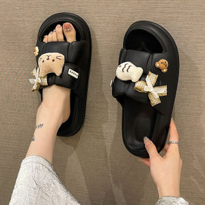 Womens Summer Outdoor Slip-On Slippers Indoor Home Anti-Slip Cute Butterfly Knot Little Cat Thick Bottom Roman Style Flat Heels