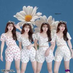 ชิ้น เสื้อแขนตุ๊กตา ลายเชอร์รี่ + กางเกงขาสั้นลายเชอร์รี่ 2 ชิ้น