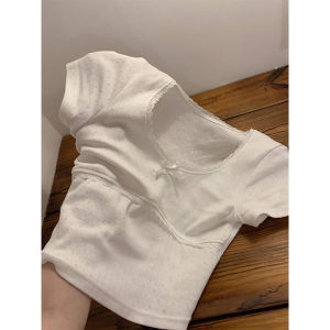 White Butterfly Knot Hollow Knitted Ice Silk Short Sleeve T-Shirt Women Summer Pure Desire Slim Fit Shoulder Baring Short Top