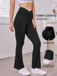 Womens Super Soft Crossover High Waisted Flare Leggings. Tummy Control Yoga Bootleg Bell Bottoms