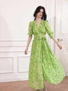 Resort Style Green Floral Long Slit Dress