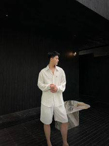 Loose Mens Sun Protection Clothing Set Breathable Cool Feeling Lin Lyocell Shirt Long Sleeve Short Pants Summer Fashion