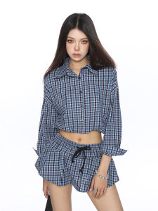 Áo Sơ Mi Kẻ Caro Dài Tay Biggold Phong Cách Hàn Quốc Áo Khoác Ngoài Nữ Mùa Hè Gợi Cảm Hở Eo Thon Gọn Chân Váy Ngắn Váy Ngắn