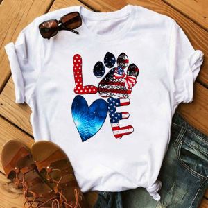 Colorful Heart Paws Printed T-shirt Tops Fashion Heart Dogs Paw Print Casual Tops Summer Cartoon Graphic Printed Tees Black Tops