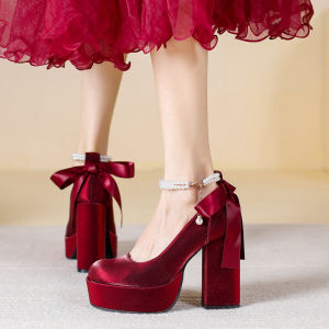 12cm Waterproof Platform Super High Heels Women Chunky Heel Red Mary Jane Wedding Shoes Bridal One-Strap round Toe Pearl Shoes