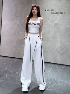 New Summer Womens Sports Letter Short-Sleeved Tank Top with High Waist Casual Wide-Leg Pants Two-piece Set