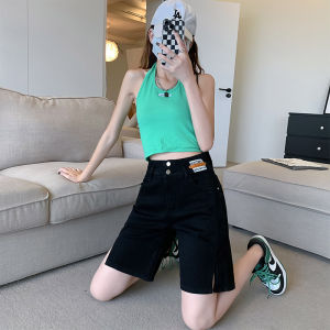 Black High Waist Denim Shorts Womens Summer Thin Loose Straight-leg Elastic plus Size Plus Size Ladies Split Slimming Pirate Shorts