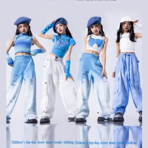 Girls Group Dance Performance Costume Trendy Tank Top Gradient Blue Jeans Loose Cargo Pants Jazz Hip-hop Dance Outfit