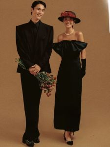 ชุดแต่งงานสีดำ เดรสยาวทรงเอ แขนกุด คอวี กระโปรงทรงเอ สำหรับผู้หญิงวัย 18-25 ปี ฤดูใบไม้ร่วง 2023 ชุดราตรี