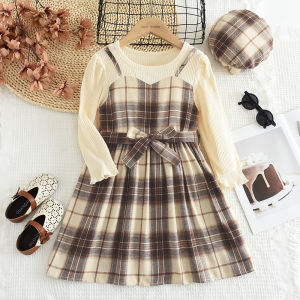 Bear Leader 2 Pieces Dress Sets for Baby Girls 3-7 Years Old Autumn New Plaid Casual Dresses Korean Version Long Sleeved Shirt Fake Two-piece with Belt + Print Hat Outfits