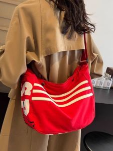Casual Stripe Canvas Shoulder Bag Womens Oxford Cloth Dumpling Bag Commuter Tote Bag Fashionable Summer 2024 Zipper Closure