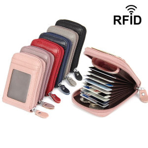 Women Wallet Top layer Cowhide Card Holder RFID Blocking Zipper Pocket Credit Card Bag Business Card Clip for Men