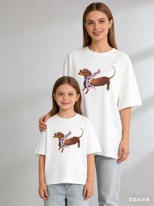 Fun Sausage Dog Printed Cotton T-shirt Summer Womens Leisure Home Travel Tee Round Neck Comfortable Breathable Y2k Top