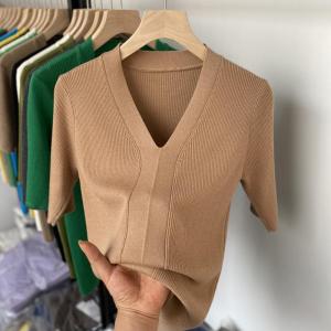 V-neck Half Sleeves Tops 2024 Spring/Summer New Arrival Ice Silk Slim Fit Slim Looking Easiest for Match Short Sleeve Bottoming Knitwear Womens Inner Wear