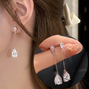 ต่างหู MODE Korea ตุ้มหูพู่ห้อยเพทายยาวสีเงิน S925เครื่องประดับอัญมณีสำหรับผู้หญิง