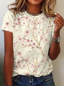 Pale Green Womens Tee - Cherry Blossom Branch Graphic Delicate Floral Print Design for Casual Daily Wear