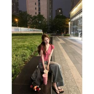 V.C.I | Pink V-Neck Square Shoulder Summer Fit and Flare T-shirt for Women