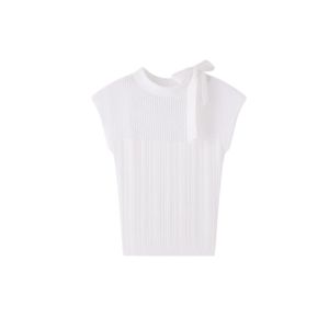 YUEZHONGWEI | French Butterfly Knot White Knitted Slim Fit Short Sleeve T-Shirt Women Summer Small Size Flying Sleeve Top Korean Style Commute