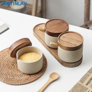 JUSTINLAU Japanese Style Seasoning Jars Ceramic Spice Container with Bamboo Lid Spoon for Salt Sugar Oil Kitchen Storage