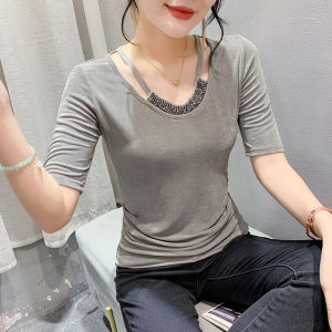 YIMEI Slim fit oversized high elastic womens T-shirt 2024 summer fashionable hollow out temperament mid sleeve studded V-neck top