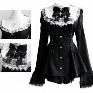 Váy Lolita Gothic Đen Ngọt Ngào Dành Cho Nữ Tay Dài Váy Dự Tiệc Ngắn Có Nơ Ren Eo Thon Dáng Chữ A Mùa Xuân Hè