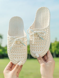 รองเท้าแตะผู้หญิงรองเท้าแตะพลาสติกปิดหัวส้นแบนใส่ด้านนอกแฟชั่นใส่ช่วงฤดูร้อนสำหรับพยาบาลหญิงตั้งครรภ์รองเท้ามีรูติดโบว์แนววินเทจ