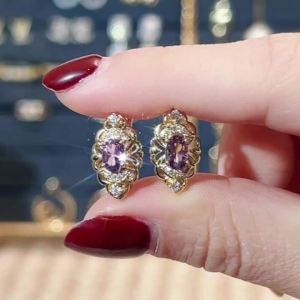 Huitan Aesthetic Womens Hoop Earrings Hollow Pattern Oval Purple CZ Elegant Female Earrings Anniversary Party Trendy Jewelry