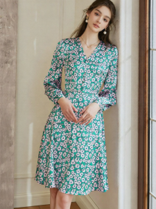 Roey s house | V-neck Satin Long Dress French Style Unique Floral Waist-defining Full-skirted