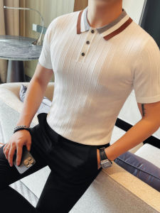 Áo Thun Polo Cổ Polo Tay Ngắn Dệt Kim Lụa Băng Mùa Hè Thời Trang Thường Ngày Cho Nam Ôm Vừa Vặn Màu Tương Phản Cổ Polo Tay Ngắn Đa Năng