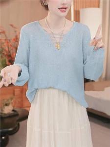 Spring Summer New Blue V-Neck Hollow out Knitted Top Womens Thin Long Sleeve Loose Fit Casual Style Knitted Sweater