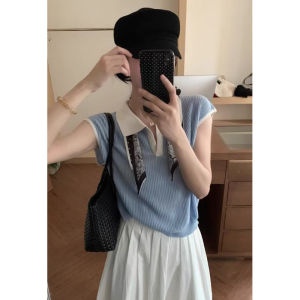 YUEZHONGWEI | Blue Polo Neck Ice Silk Knitted Short Sleeve T-Shirt Women Summer Slim Fit Short Style Flying Sleeve Top Korean Style Commute
