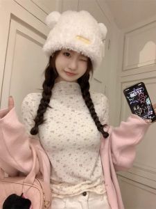 Áo Thun Dài Tay Ôm Vừa Vặn Thời Trang Thu Đông Họa Tiết Hoa Cổ Cao Tay Dài Chất Liệu Cotton Pha Polyester Dành Cho Nữ