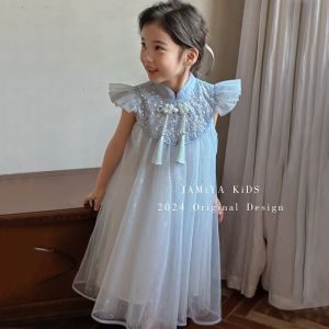 Princess Style Qipao Dress Childrens Birthday Party Skirt with Flying Sleeves New Chinese Style Polyester Fiber Dress for Girls