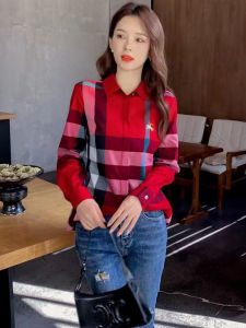 เสื้อเชิ้ตผู้หญิงลายสก็อตสุดหรูหรา เสื้อเชิ้ตลำลองแขนยาวคอโปโลผ้าฝ้ายผสมโพลีเอสเตอร์ ทรงเข้ารูป สไตล์เรียบง่าย ปกติ