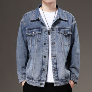 Mens Fleece Lined Denim Jacket Autumn Winter Casual Style Grey Cotton Polyester Blend Workwear Jacket Trendy And Handsome