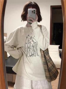 Pure Cotton Grey Long Sleeve Womens T-shirt Spring Autumn Loose Base Layer Shirt Chic Top Korean Style round Neck Mid-Length