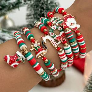 KunJoe 6Pcs/Set Christmas Bracelet for Women Santa Claus Elk Christmas Tree Socks Pendant Bracelet Adjustable Rope Chain Bangle