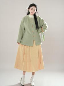 Coco Forest Womens Woolen Jacket round Neck Bow Bag Sleeve Elastic Skirt Two-Piece Set Simple Chinese Style New Arrival