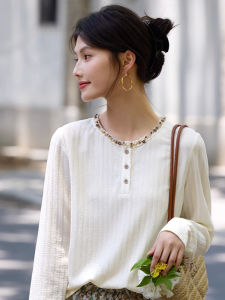 WANGGONGZHU | Loose Long Sleeve Round Neck T-Shirt Womens Casual Thin Design Spring Autumn Fashion Top Comfortable Standard Fit Daily Wear