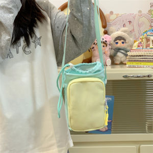 Color Block Student Water Cup Bag Casual Outdoor Mobile Phone Bag Drawstring High Aesthetic Durable Crossbody Womens Single Shoulder Bag