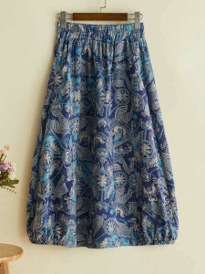 Slimming Floral Print Cotton Linen Long Skirt A-Line Half-length Lantern Style Commute Artistic Trendy Natural Waist Skirt
