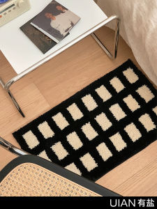Retro Bathroom Mat Water Absorbent Non-Slip Black White Checkered Carpet Bedside Rug Foot Mat Modern Simple Style Home Use